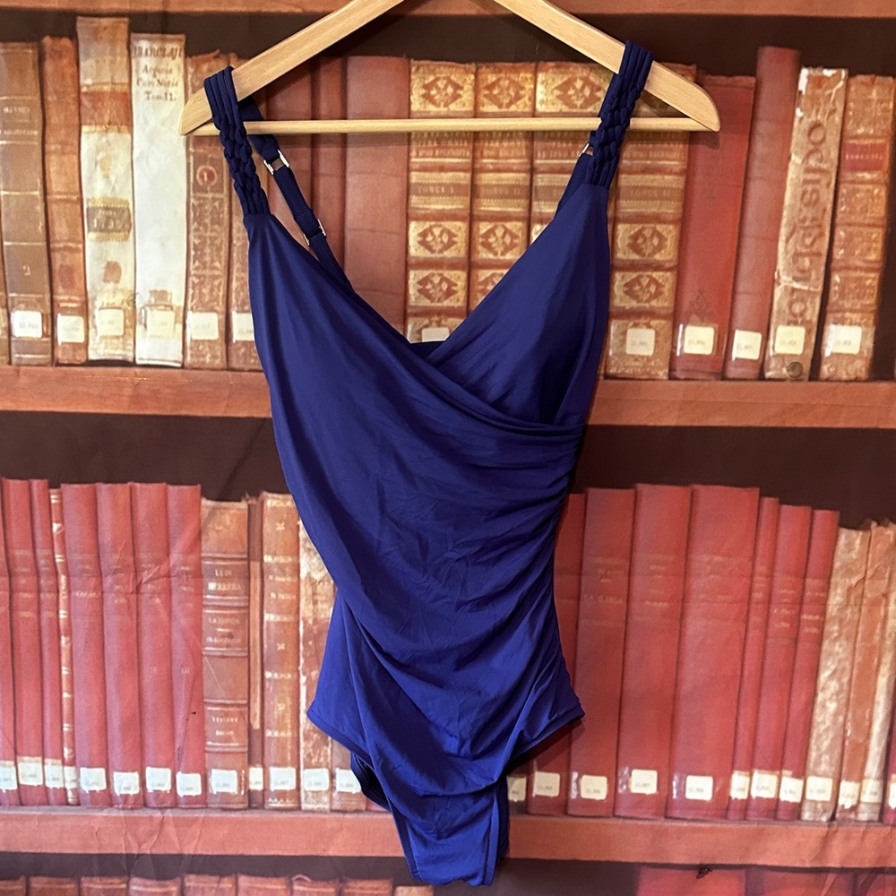 NWT Jantzen Classics Braided Surplice One Piece Swimsuit Blue 8